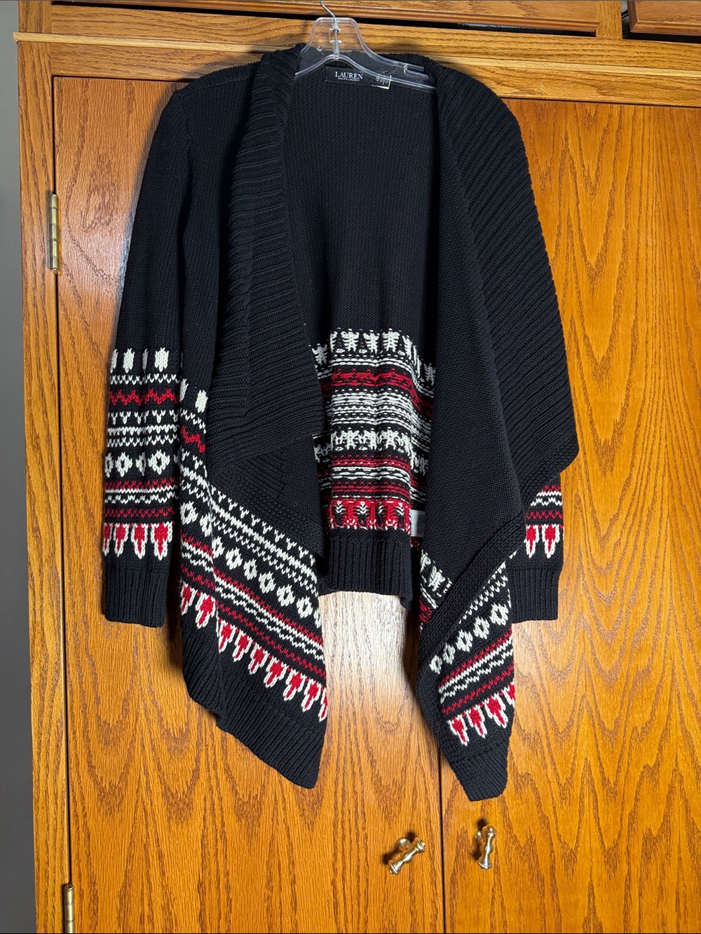 Lauren Ralph Lauren Black Open-Front Cardigan with Red & White Fair Isle Sleeves - Picture 3 of 7